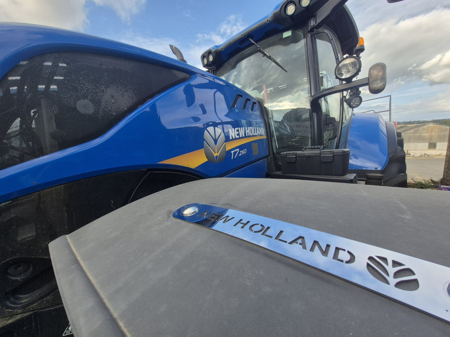 New Holland Flash Tractor stainless steel Mud Gaurd Brackets. text +logo. 240mm