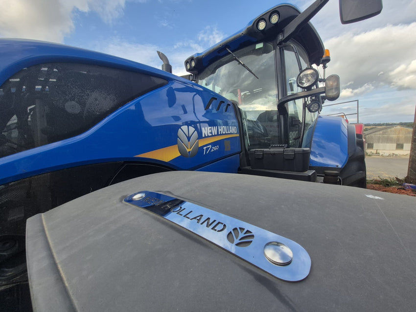 New Holland Flash Tractor stainless steel Mud Gaurd Brackets. text +logo. 240mm